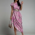 thumbnail image 2 of Dresses for Women 2023 Short Sleeve Printing Floral Pattern Dress One Shoulder Off Slash Midi Fit And Flare Y2K Fashion Elegant Vintage Homecoming Irregular Swing Hem Dress with Belt, 2 of 5