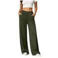 thumbnail image 5 of Women's Cotton Yoga Pants Wide Leg Straight, Mid Elastic Waist Stretchy Soft, Pockets Casual Solid Color, Lounge Workout Fitness Lounge Pants | VerBelle,Army Green L, 5 of 8