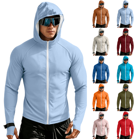 Men s UPF 50+ Sun Protection Outdoor Lightweight Full Zip Hoodie Jacket Long Sleeve Thumb Hole Fishing Hiking Performance Shirt Light Blue S
