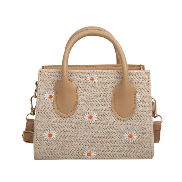 Sac à Main Rétro en Paille Tissée avec Broderie Marguerite pour Femmes (Kaki)