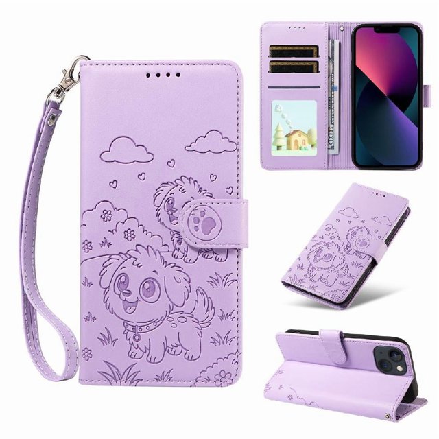 Funda Cartera GANGXUN con Diseño de Perrito en Relieve para iPhone 14 Plus , Protección 360° con Ranuras y Correa Desmontable