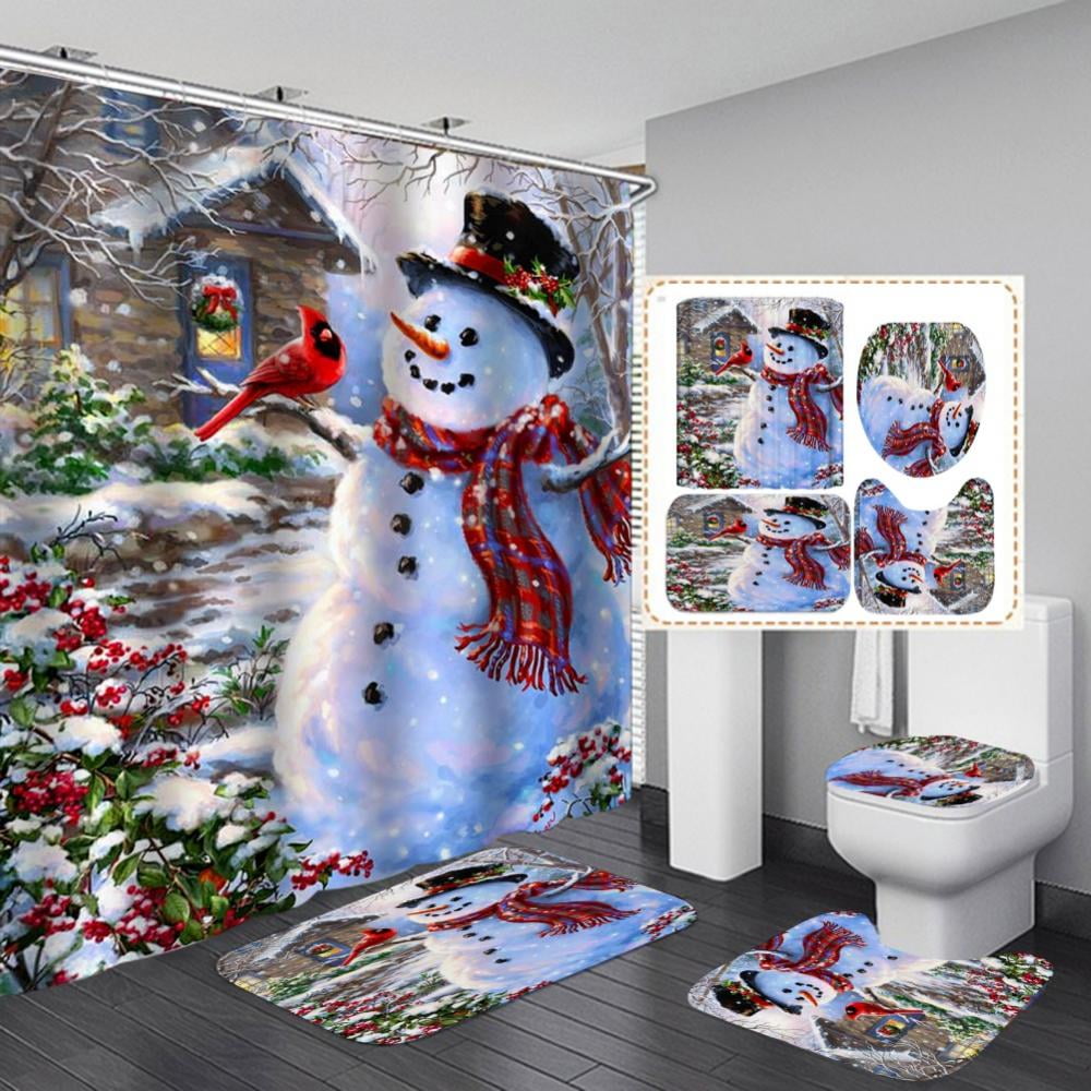 Merry Christmas Waterproof Fabric Shower Curtain  Snowman Bathroom 12 Hang Hooks 