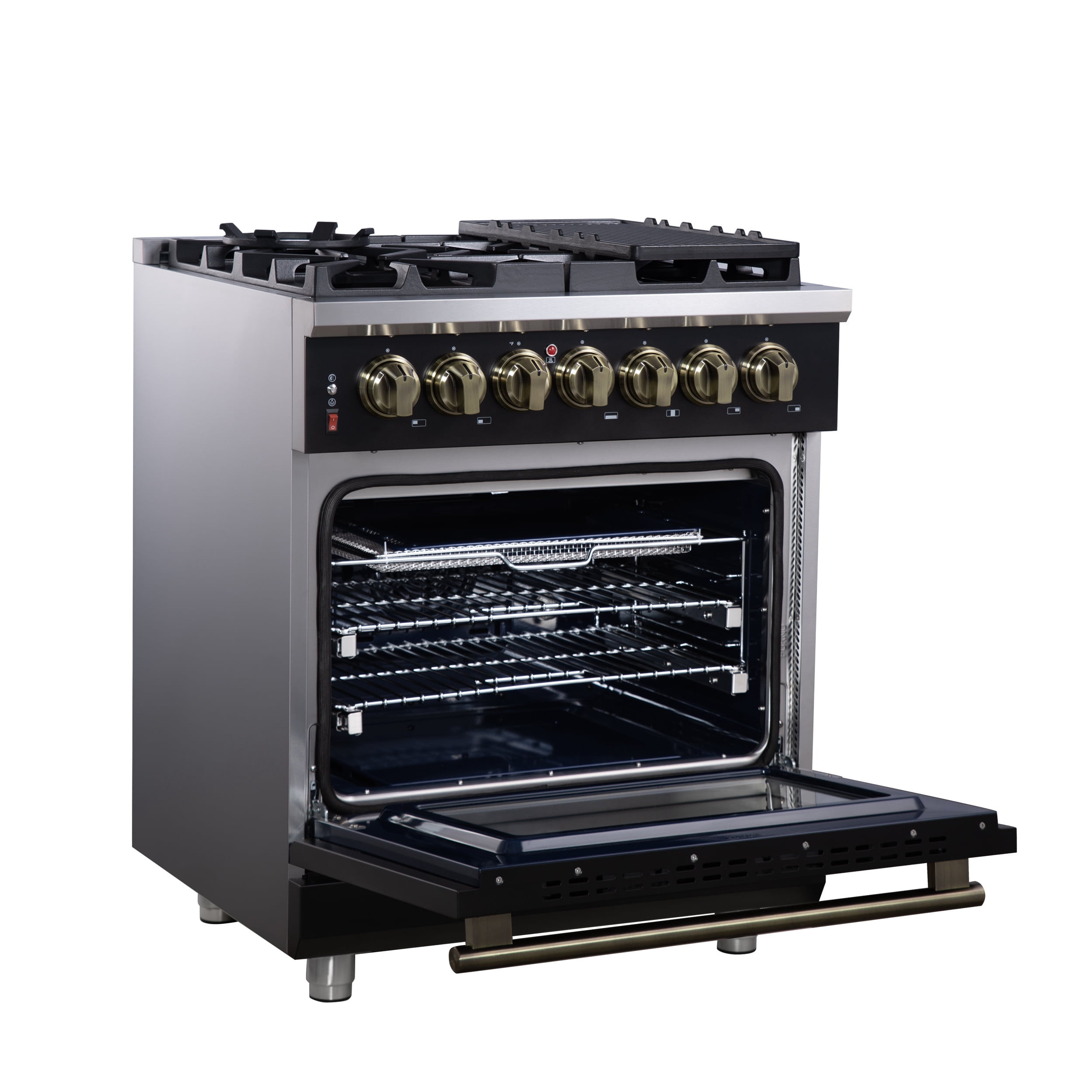 Forno Massimo 30-Inch Freestanding Dual Fuel Range in Black with Antique Brass Accessories, 4 Burners, 4.32 cu. ft. Convection Oven