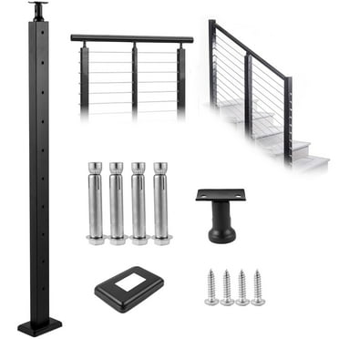 KFFKFF Handrail Post for Cable Railing, Deck and Stair, 36 x 0.98 x 1.97", Stainless Steel with Brushed Finish, Pre-Drilled Pickets, Includes Mounting Bracket, Black Stair Railing Kit