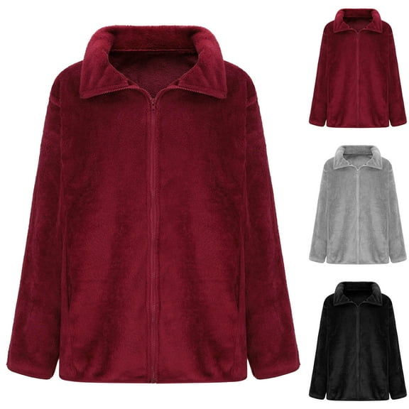 BiZtdJrK Winter Coats for Women Casual Full Zip Fleece Jackets Solid Color Lapel Plush Jacket with Pockets 2024 Fall Clothes Ofertas Flash Black M