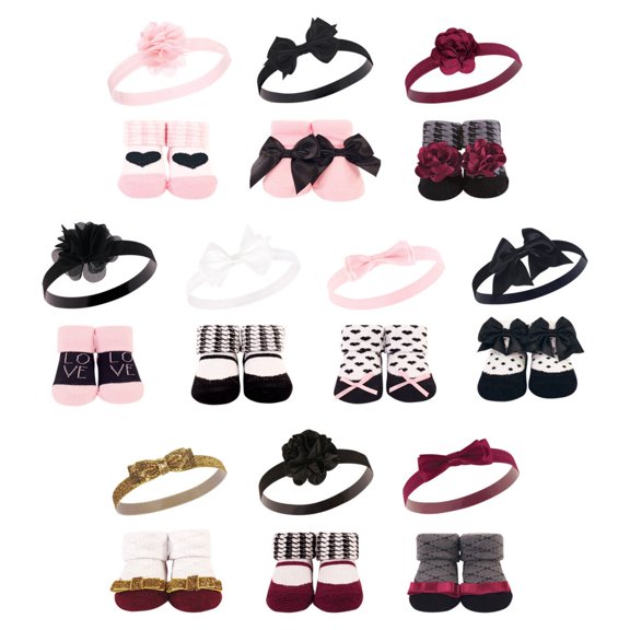 Hudson Baby Infant Girl 20Pc Headband and Socks Giftset, Pink Black Love Fancy, One Size