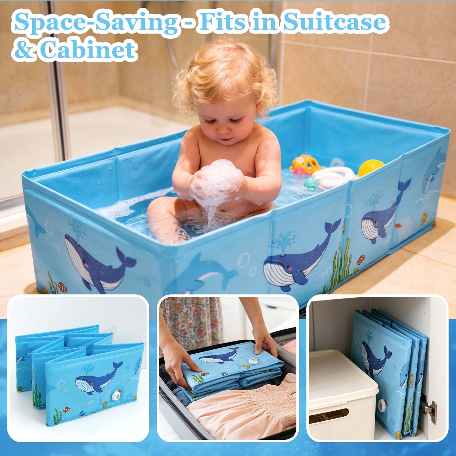 RoamReady Collapsible Foldable Baby Bathtub 6M-4Y Infant Toddler Portable Travel Tub with Quick Drain Plug Space Saving Easy Clean No Assembly Blue