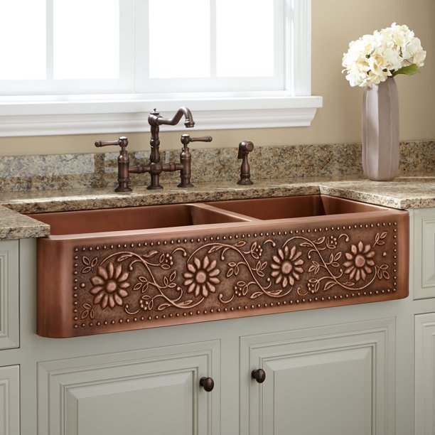 Signature Hardware 926818 42 Sunflower 60 40 Offset Double Basin Copper Farmhouse Sink Com Double Basin Copper Farmhouse Sink, Copper Farmhouse Sink Clearance
