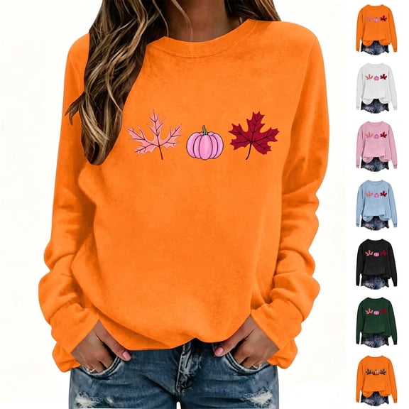 TKLPEHG Thanksgiving Sweatshirts for Women Pumpkin Maple Leaf Fall Graphic Tops Long Sleeve Crew Neck Loose Casual Sweatshirt Fashion Daily Wear Pullover (Pink,M)