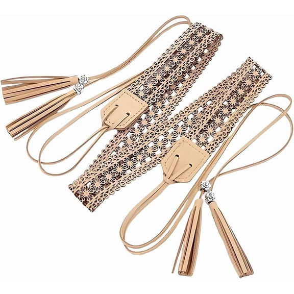 Woven Knotted Waist Belt PU Leather Boho Tassel Waistband 66.54 x 1.12 Inch Vintage Hollow Belt with Wax Rope Western Ethnic Macrame Waistband for Women Dress Skirt (Bisque) 1pc