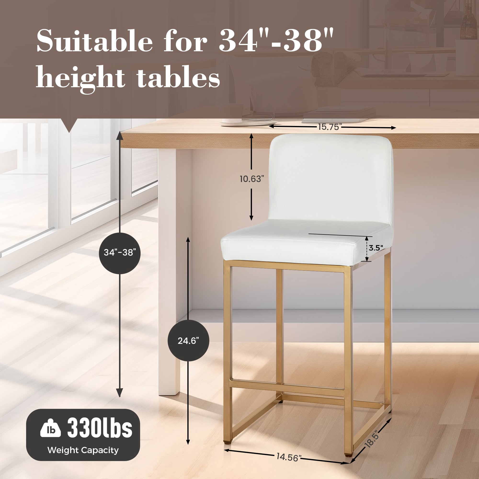 SUMMIT LIVING 24" Counter Height Bar Stool Set of 3, Faux Leather Upholstered Bar Stool with Back, White