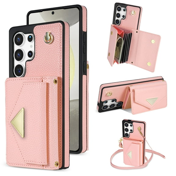 Wallet Case for Samsung Galaxy S25 Ultra, with Detachable Lanyard Cards Holder Premium PU Leather Shockproof Flip Cover Stand Anti-Scratch Protective Phone Cover for Samsung Galaxy S25 Ultra, Pink