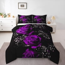 Manfei Dreamy Purple Flower Queen Comforter Set, Rose Floral Bedding Comforter Set, Romantic Anniversary Reversible Bedding Set, Ultra Soft Home Decor, 3pcs
