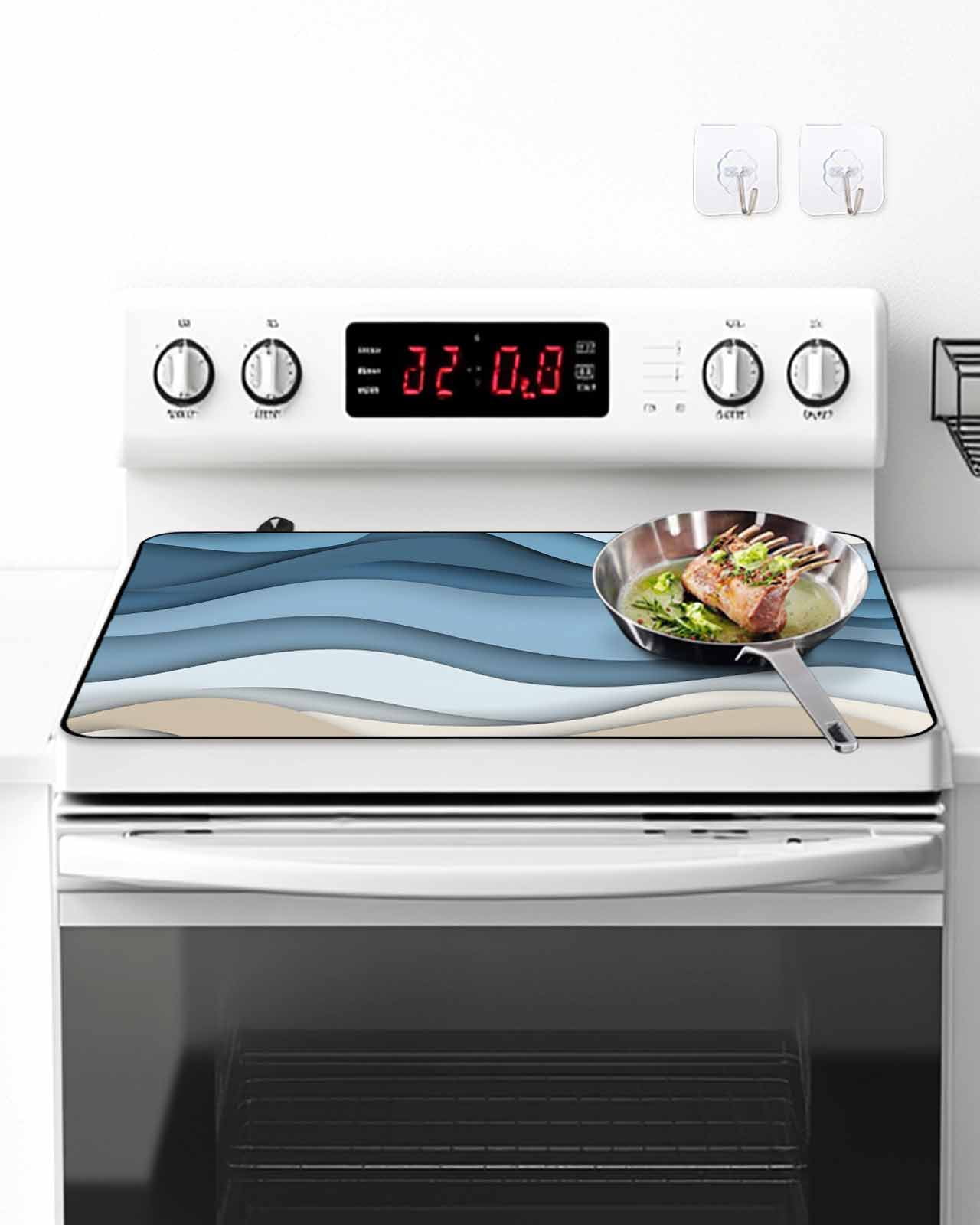 Stove Top Covers for Electric Stove, Blue Beige Ombre Glass Stovetop Cover Protector, Modern Abstract Moire Art Geometric Induction Cooktop Protector Oven Mat for Kitchen Countertop 24"x21"