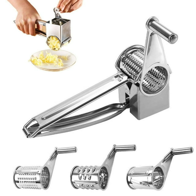 PENGXIANG Rotary Cheese Grater with handle 3 Interchangeable Drum Blades Reusable Stainless Steel Rotary Cheese Grater Slicer Handheld Portable Cheese Cutter Shredder Fine Coarse Super Sh