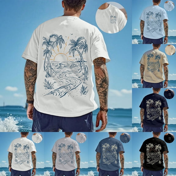 Mens Graphic T-shirts Short Sleeve Crewneck Tee Beach Vacation Print Loose Summer Beachwear Top Black L