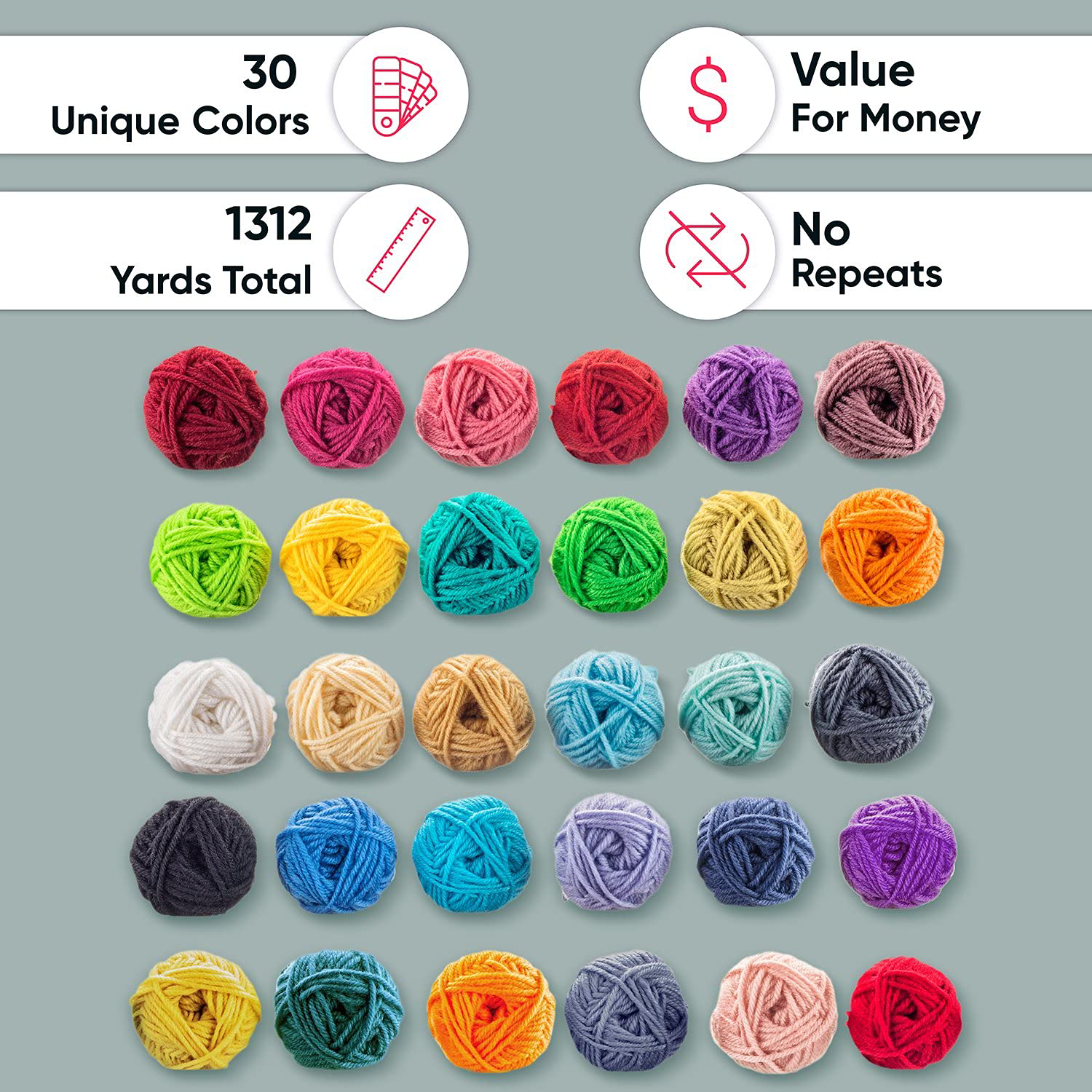 30pcs Acrylic Yarn for Crocheting, 1300 Yards Soft Skeins for Knitting Craft Project, Mixed Colors Yarn Crochet Kit for Adults, 20g/Each
