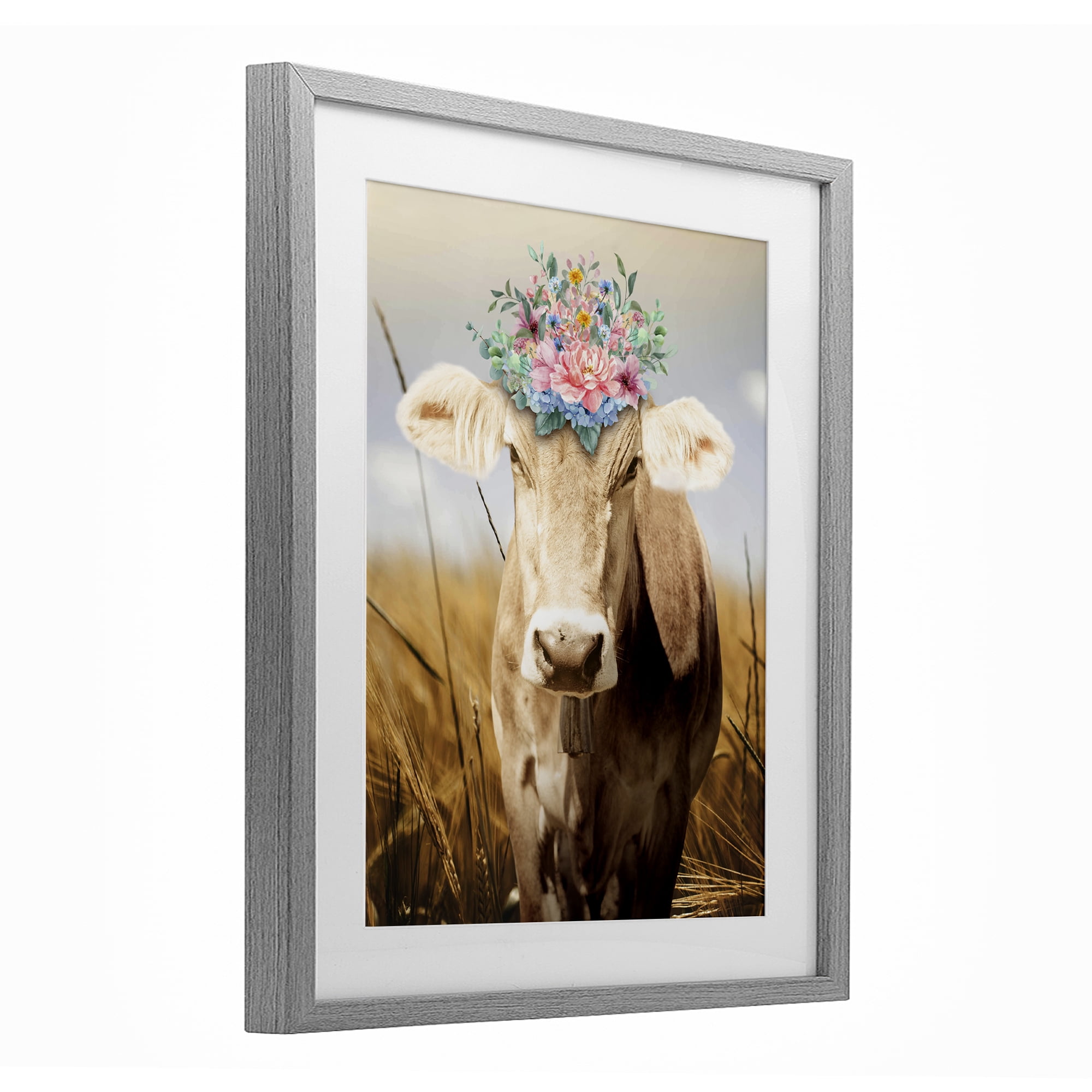 Stupell Industries Chatty Belle Cow with Florals Gray Framed Print Under Glass, design by Marcus Prime