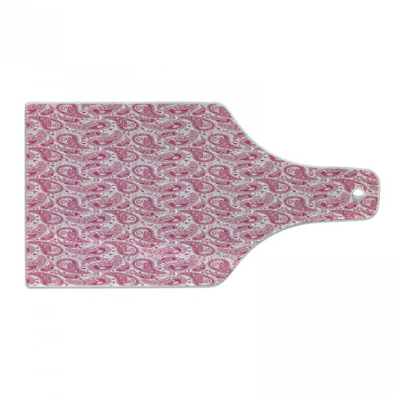 Hippie Cutting Board, Abstract and Vintage Leaves Bohemian Oriental Motif in Pink Shades, Decorative Tempered Glass Cutting and Serving Board, Wine Bottle Shape, Magenta and White, by Ambesonne