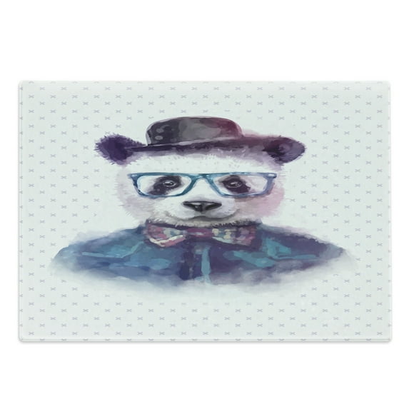 Funny Cutting Board, Vintage Hipster Panda with Bow Tie Dickie Hat Horn Rimmed Glasses Watercolor Style, Decorative Tempered Glass Cutting and Serving Board, Large Size, Black Blue, by Ambesonne