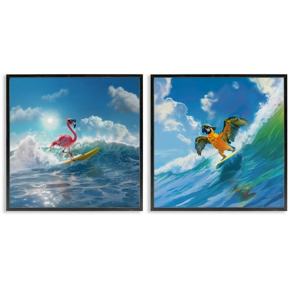 Stupell Industries Parrot & Flamingo Surf Nautical & Beach Painting Black Framed Art Print Wall Art, 12 x 12, Set of 2