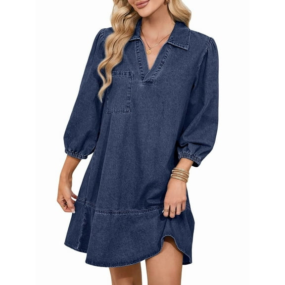 Denim Dress for Women Summer Casual Babydoll 2026 V Neck 3/4 Puff Sleeve Jean Dresses Dark Blue XL