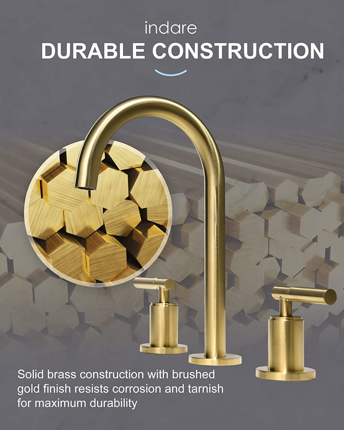 Brushed Gold Bathroom Faucet, Indare Two Handles 360° Swivel Spout Widespread 4Inch 8Inch Brass Bathroom Sink Faucet 3 Hole with Pop-Up Drain and Water Supply Lines