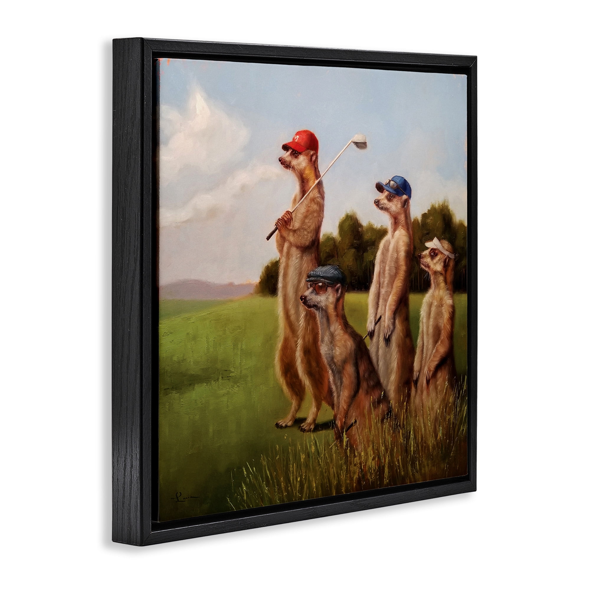 Stupell Industries Meerkats Playing Golf Animals & Insects Painting Black Floater Framed Canvas Art Print Wall Art, 25 x 25