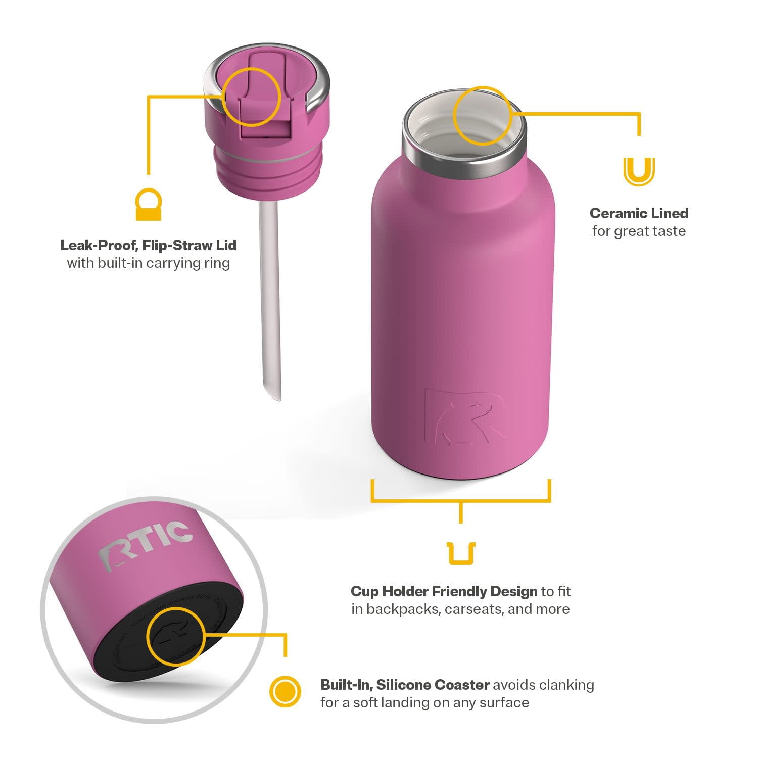 RTIC 12 oz Ceramic Lined Insulated Journey Water Bottle, Leak-Proof Lid, Orchid