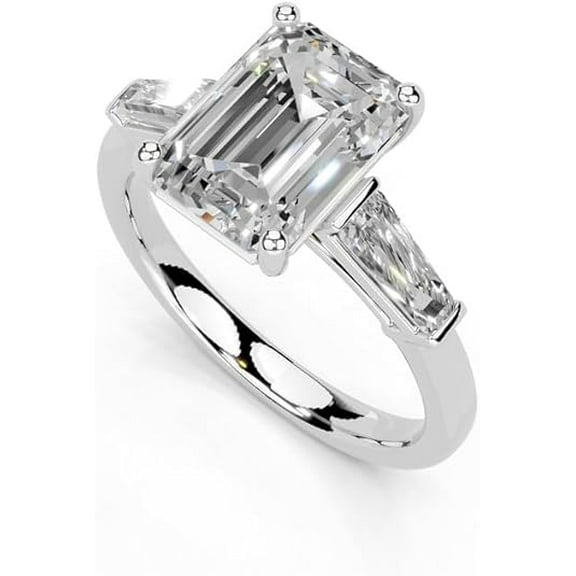 Certified Moissanite Emerald Cut Diamond Ring Engagement Ring Side Stone Baguette Cut CZ Plated Yellow Gold Ring Wedding Ring