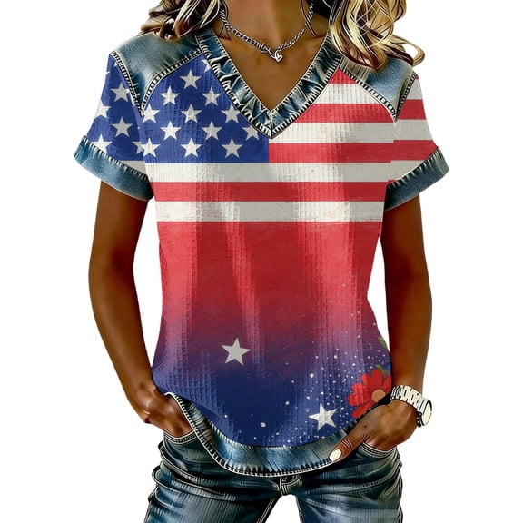 longantii Womens 4th Of July Shirts Relaxed Fit Pullover Fashion V-Neck Short Sleeve Tops 250 Years Of Freedom Floral Printed Summer Outfits Blue 2XL