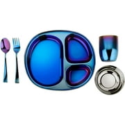 Kids and Toddler Plate and Bowl Set | Pediatrician Designed - Mindful Mealtime 5 Piece Stainless Steel Dish Set | Includes Divided Plate, Utensils, Cup, Bowl | 100% BPA Free (Iridescent Blue)