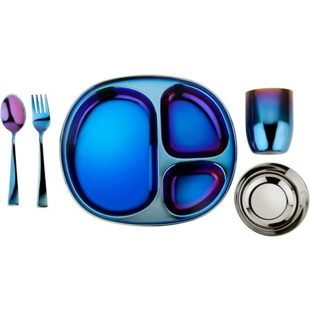 Kids and Toddler Plate and Bowl Set | Pediatrician Designed - Mindful Mealtime 5 Piece Stainless Steel Dish Set | Includes Divided Plate, Utensils, Cup, Bowl | 100% BPA Free (Iridescent Blue)