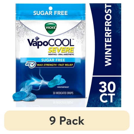 (9 pack) Vicks VapoCOOL SEVERE Cough Drop for Sore Throat Pain, Sugar Free Winterfrost, 30 count