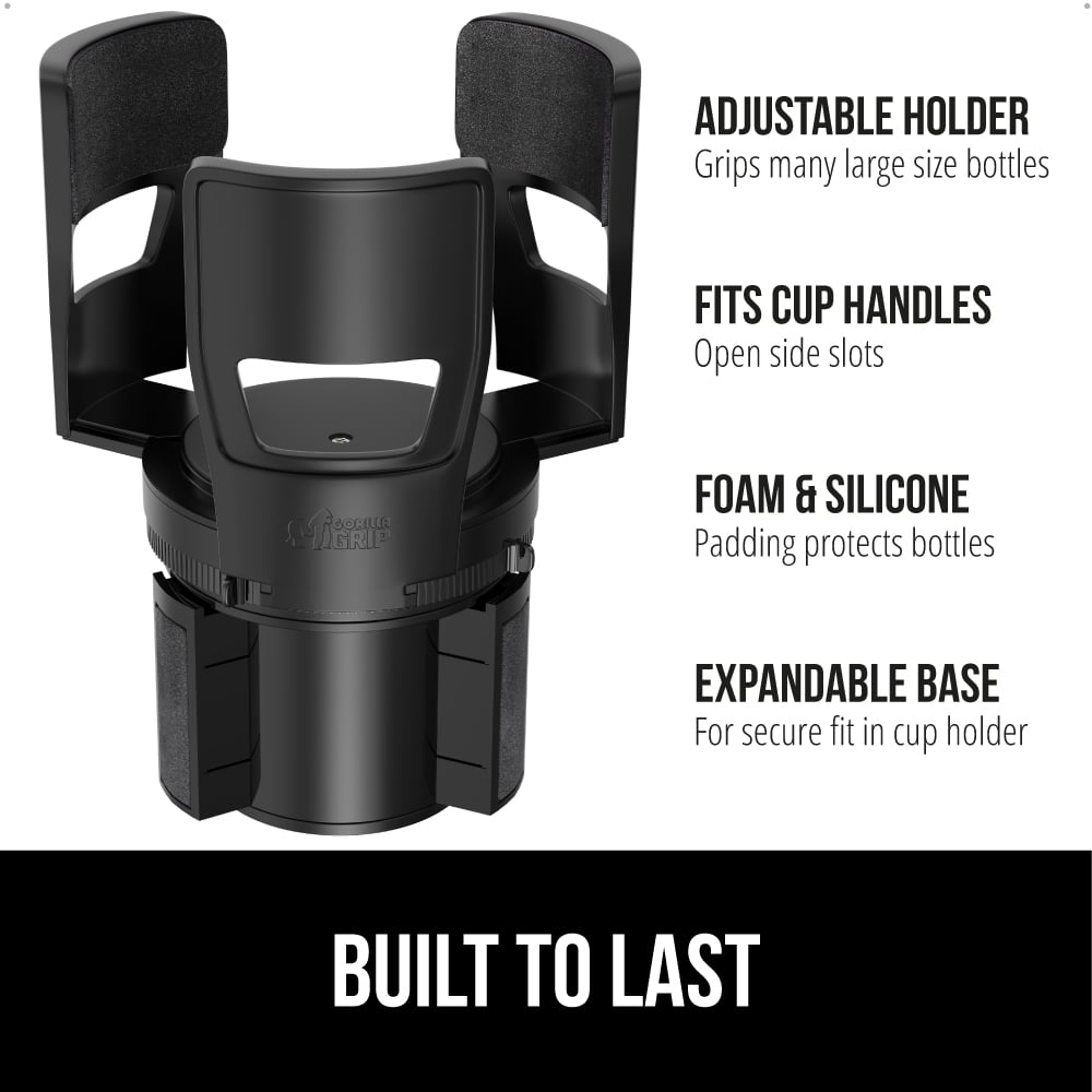 GORILLA GRIP Car Cup Holder Expander, Fits 18 to 48 oz Water Bottles, Coffee Mugs, Black
