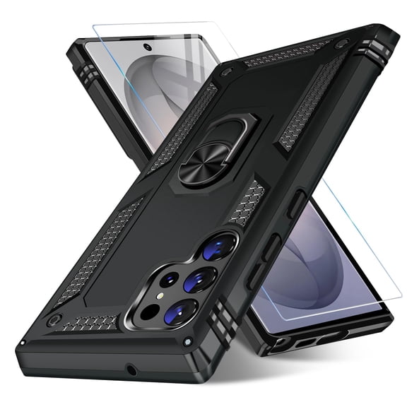 Dteck for Samsung Galaxy S26 Ultra Case with Screen Protector, Shockproof Rugged Protective Phone Cover with Metal Ring Stand,Black
