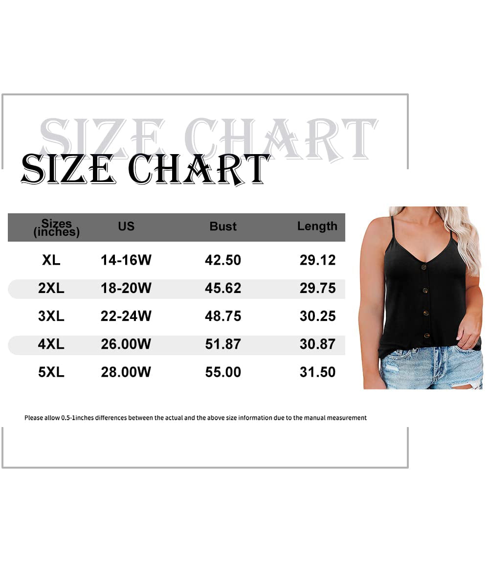 TIYOMI Ladies Plus Size Camisole Buttons Black V Neck Tank Tops Adjustable  Strappy Summer Spaghetti Strap Beach Solid Color Cami Casual Loose Fit Vest  For Women 5XL 26W 28W 