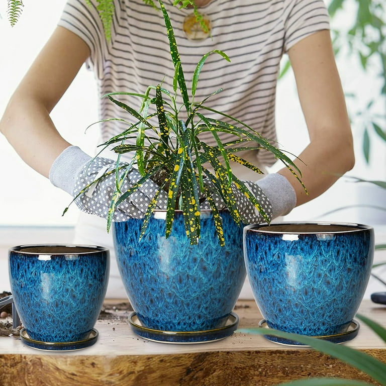 6'' 8'' 10 inch Ceramic Planters Set of 3 with Drainage Hole and Saucer   Blue Glazed Pots for Indoor Succulents, Snake Plant, Fiddle Leaf Fig,  Housewarming Gift - Walmart.com