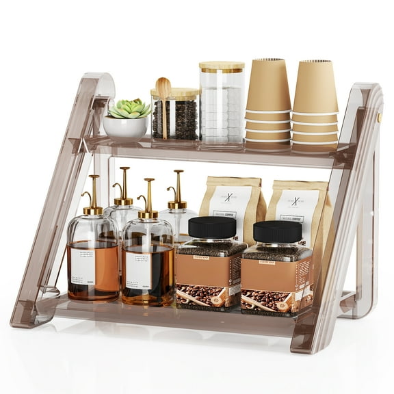 NiHome Foldable Countertop Coffee Station Organizer Rack, 2-Tier Shelf for Coffee Bar Accessories, Condiment Storage Caddy for Kitchen, Home, Office (Brown)