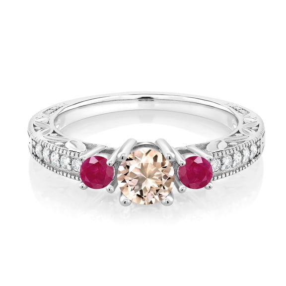 Gem Stone King 925 Sterling Silver Round Peach Morganite and Red Ruby Engagement Ring for Women (0.84 Cttw, Gemstone Birthstone, Size 9)