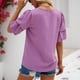thumbnail image 3 of Top de verano para mujer, camisa informal con cuello en V y mangas cortas cónicas con farol de punto Jacquard, color morado XL, 3 of 5