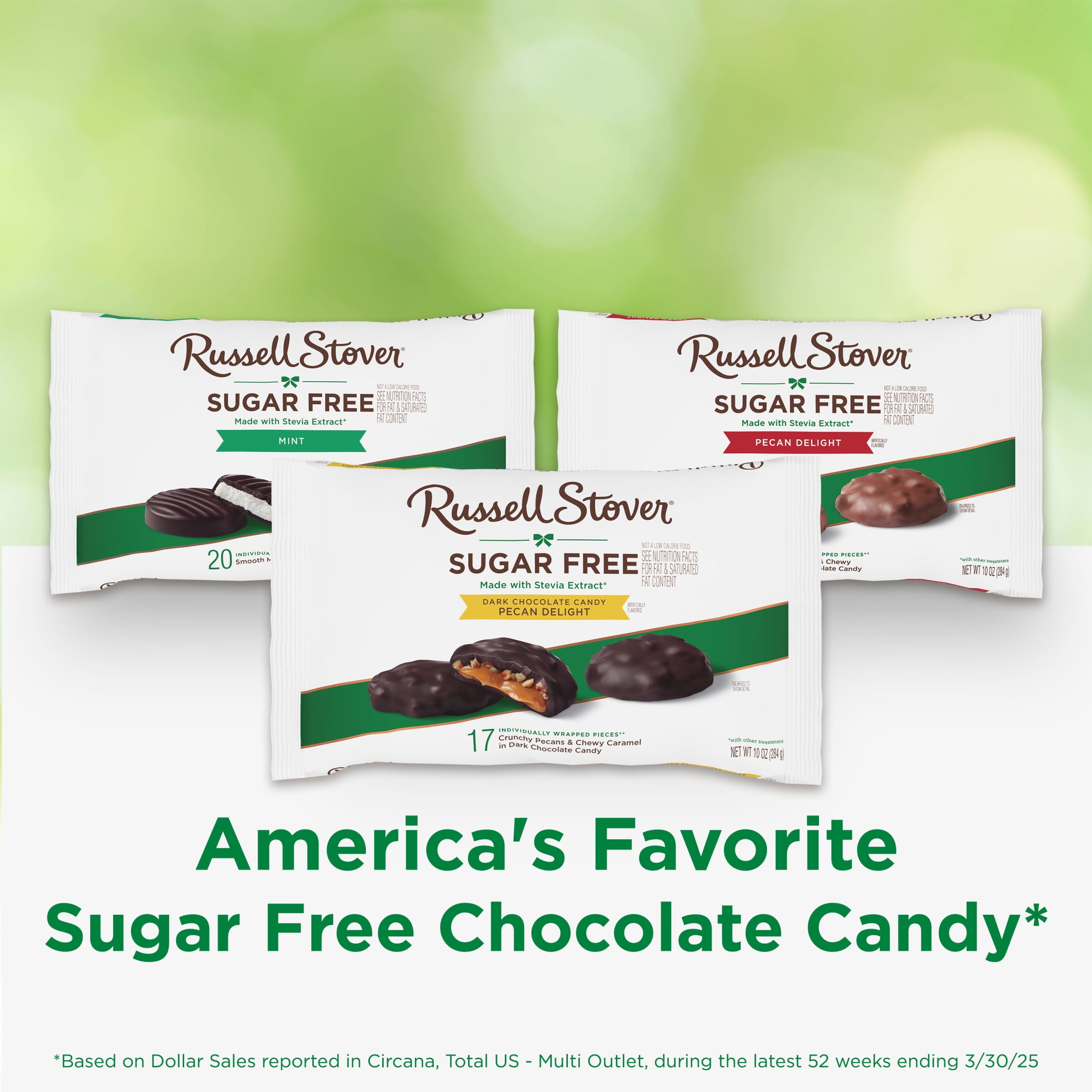 RUSSELL STOVER Sugar Free Dark Chocolate Pecan Delights Candy, 10 oz. bag (≈ 16 pieces)