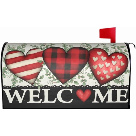 Valentines Day Mailbox Cover Magnetic Hearts Welcome Mailbox Wraps Post Letter Box Cover for Garden Yard Home Decor Standard Size 21" x 18"