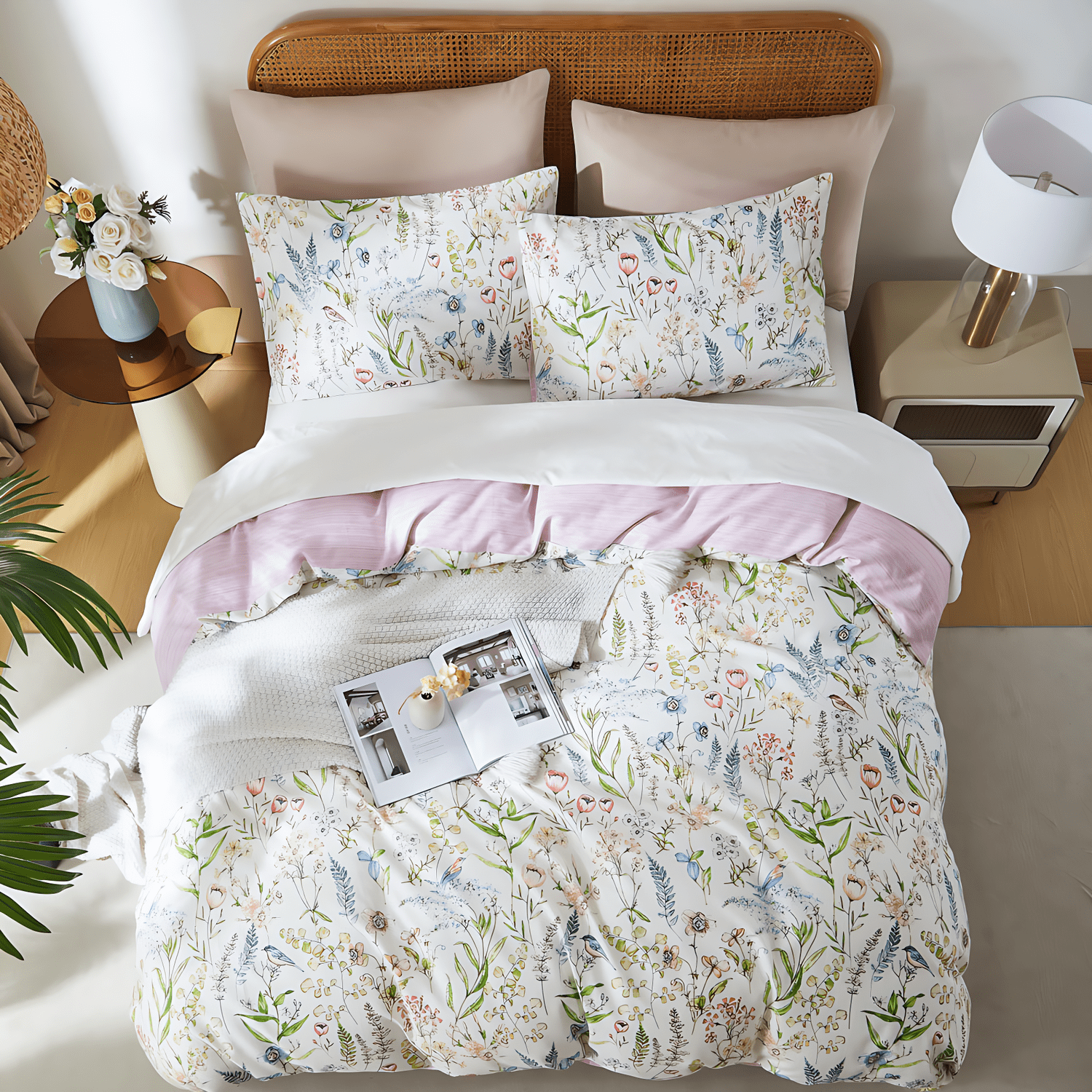 3 Pieces Ultra Soft Pink Flowers Birds Floral Duvet Cover 100% Cotton Bedding Set Comfy Durable Farmhouse Duvet Cover Set Queen Size