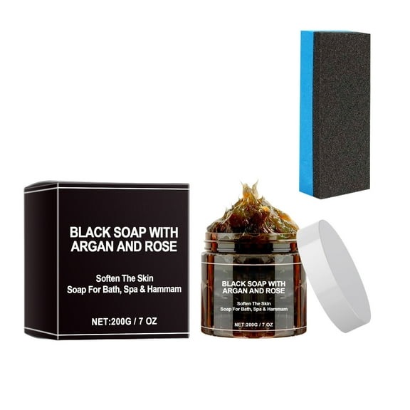 HHBEAUTY 200G Premium Moroccan Black Soap with Organic Argan Oil, Authentic, Artisan Beldi Soap, Inclued a Sponge Wipe