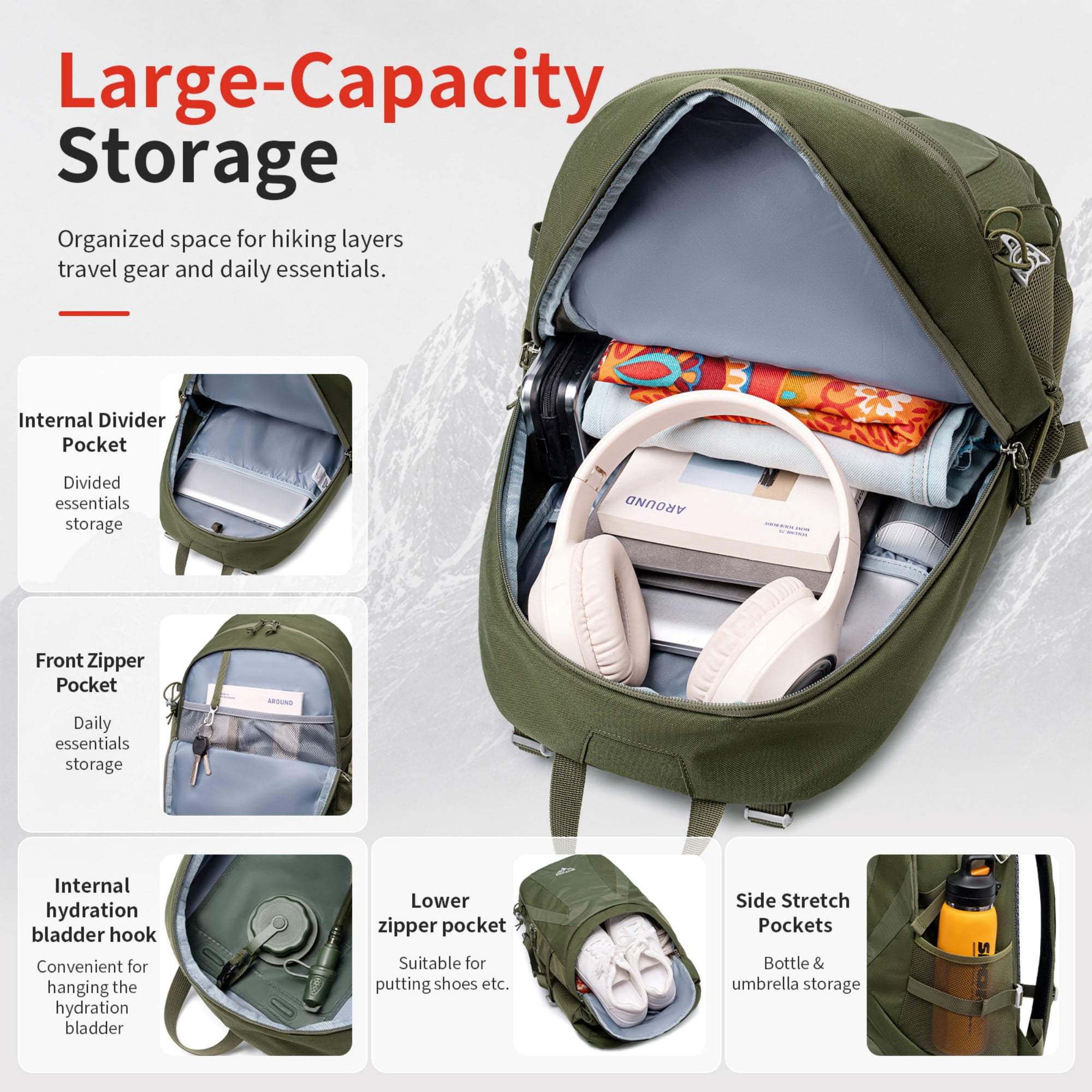 BSHTI 25L Polyester Nylon Hiking Backpack with Rain Cover, Breathable Back, Large Storage for Travel Camping（Green）