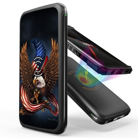 

INFUZE Qi Wireless Portable Charger for REVVL V+ 5G External Battery (10000 mAh 18W Power Delivery USB-C/USB-A Ports) with Touchless Tool - Eagle Holding American Flag