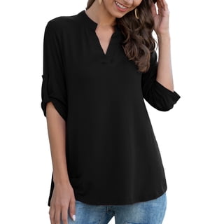 Amoretu Women's V-Neck Short Sleeve Tee - Basic Plain Blouse, Black, Size Small