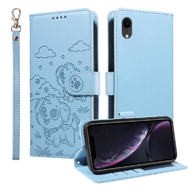 Funda Cartera GANGXUN con Diseño de Perrito en Relieve para iPhone XR , Protección 360° con Ranuras y Correa Desmontable