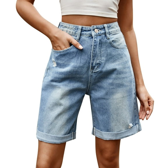 Baqcunre Women's Ripped Straight Tube Five Points Casual Comfort Denim Shorts with Pocket Size S-XXL,Womens Jeans Shorts for Women Ripped Jeans Womens Pants for Women Blue